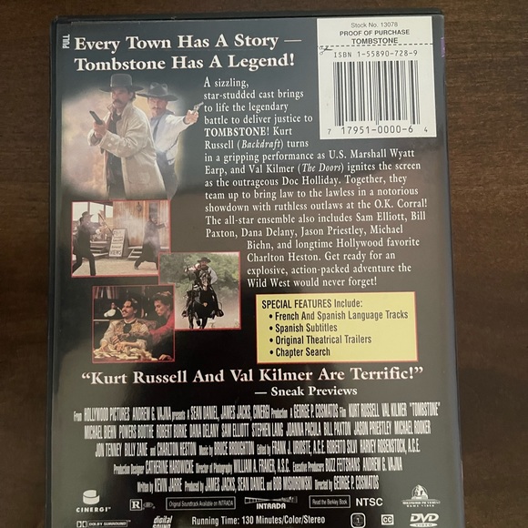 Tombstone DVD Kurt Russell Val Kilmer - Picture 2 of 2